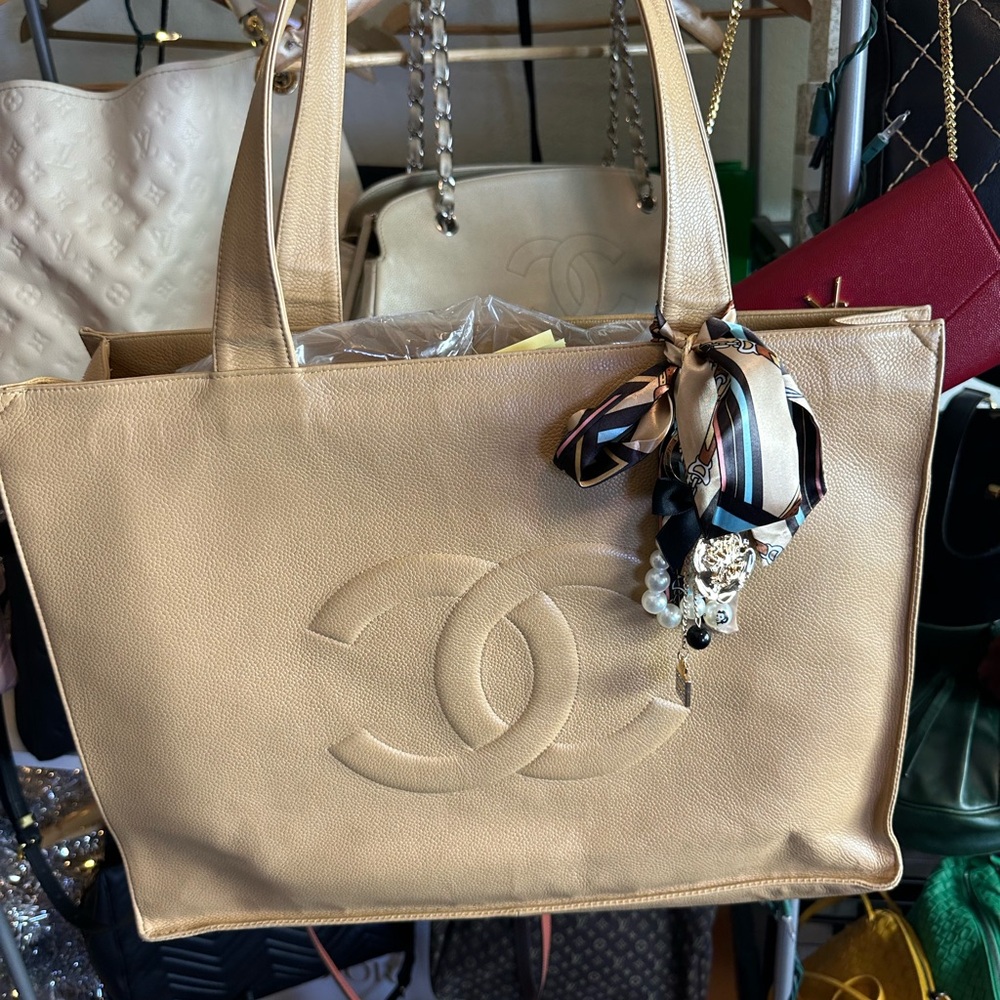 Authentic Chanel  Tan Leather jumbo tote bag